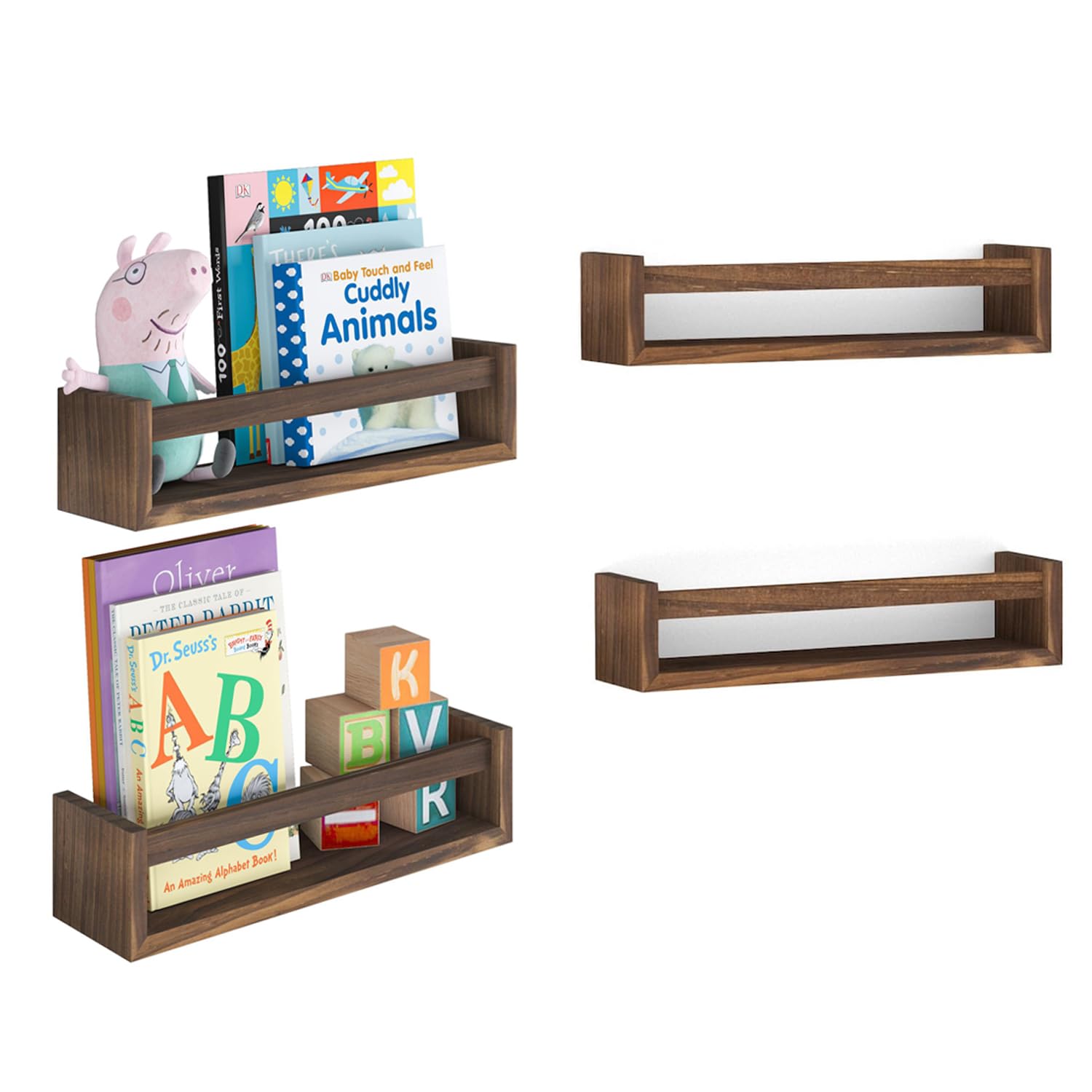 Cobenga 4 Shelves Nursery Book Shelves 16.5 Inch Floating Wall Shelves Versatile Wall Mounted Solid Wood Floating Shelves for Books