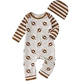 MODNTOGA Baby Boy Girl Football Graphic Jumpsuit Rugby Print Romper with Hat Funny Newborn Outfit Long Sleeve Infant Clothes