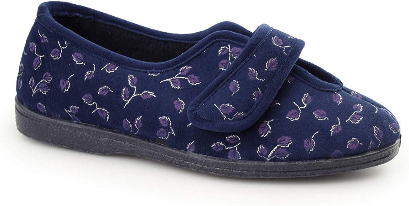 Sleepers Ivy Ladies Extra Wide (EE) Fit V Throat Velcro Full Slippers Navy
