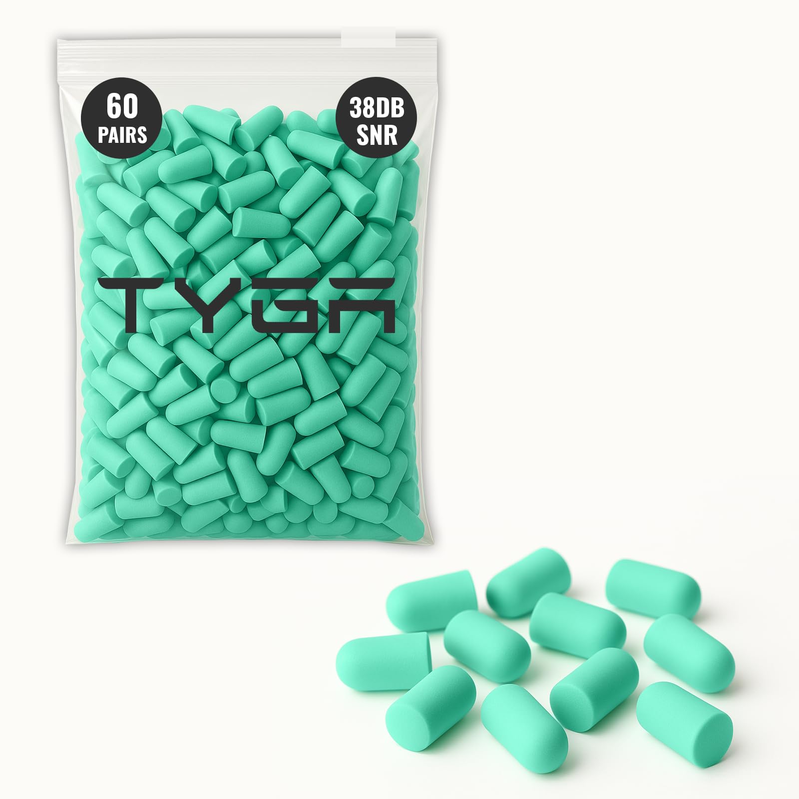 TYGA Soft Foam Earplugs, 60 Pairs, 38dB SNR, High Noise Cancelling for Sleeping, One Size for Snoring, Studying, Travel, Motorcycle, Loud Noise Ear Plugs (Mint Green)