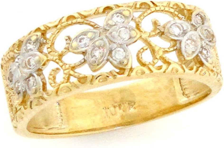 9ct Solid Yellow Gold Filigree Leaf Design CZ Band Ring Amazon.co.uk
