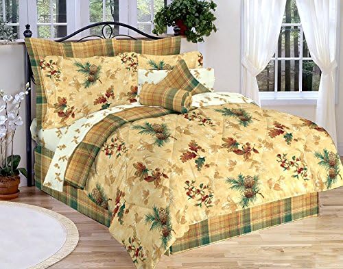 PINECONES &amp; BERRIES AUTUMN FALL LEAVES LODGE COMFORTER SET REVERSES to PLAID(Queen Size Bed In A Bag)