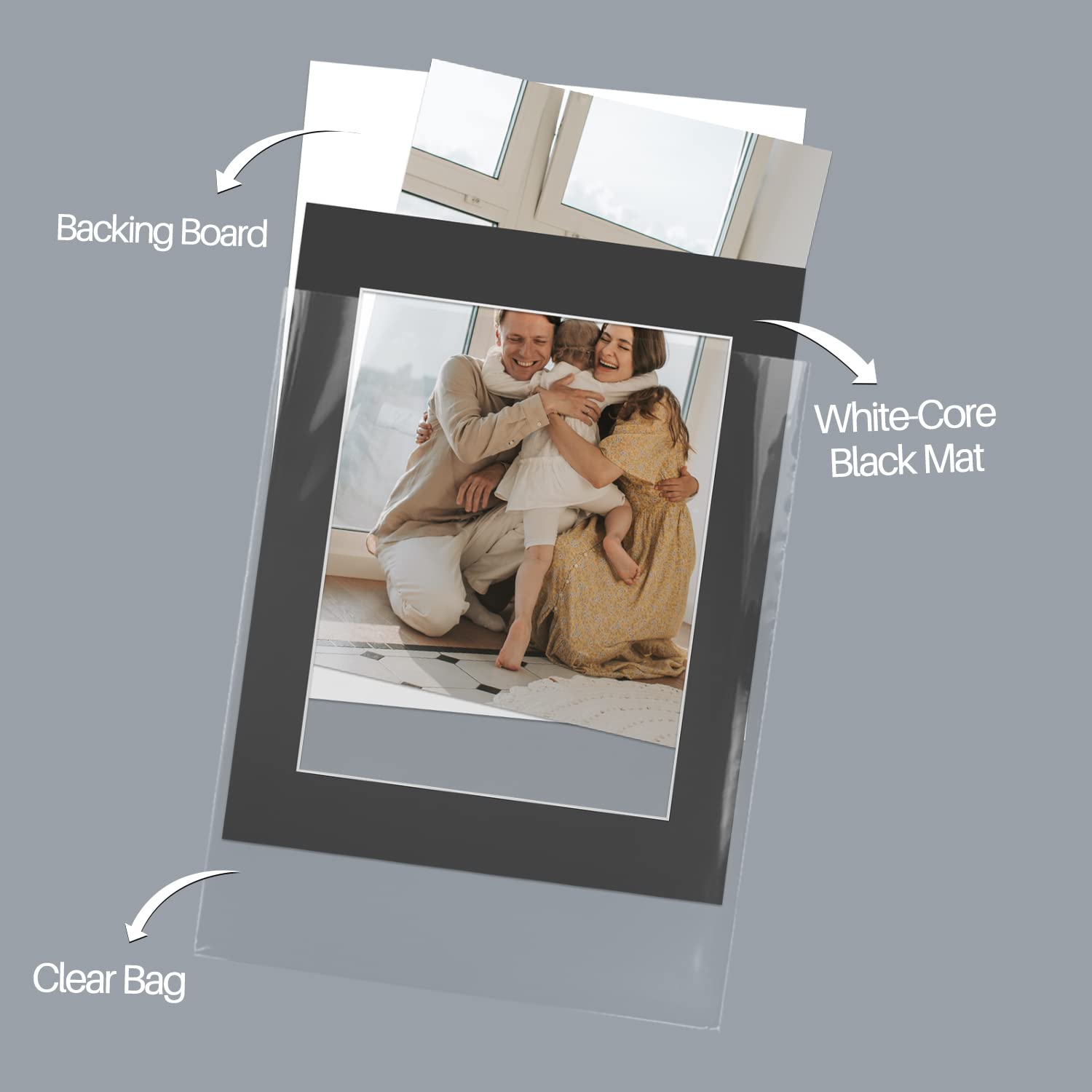 Golden State Art, Complete Pack of 10, Black Pre-Cut 11x14 Photo Mat for 8.5x11 Document with White Core Matte Set. Includes 10 Acid Free Bevel Cut Mattes & 10 Backing Backers Board & 10 Clear Bags