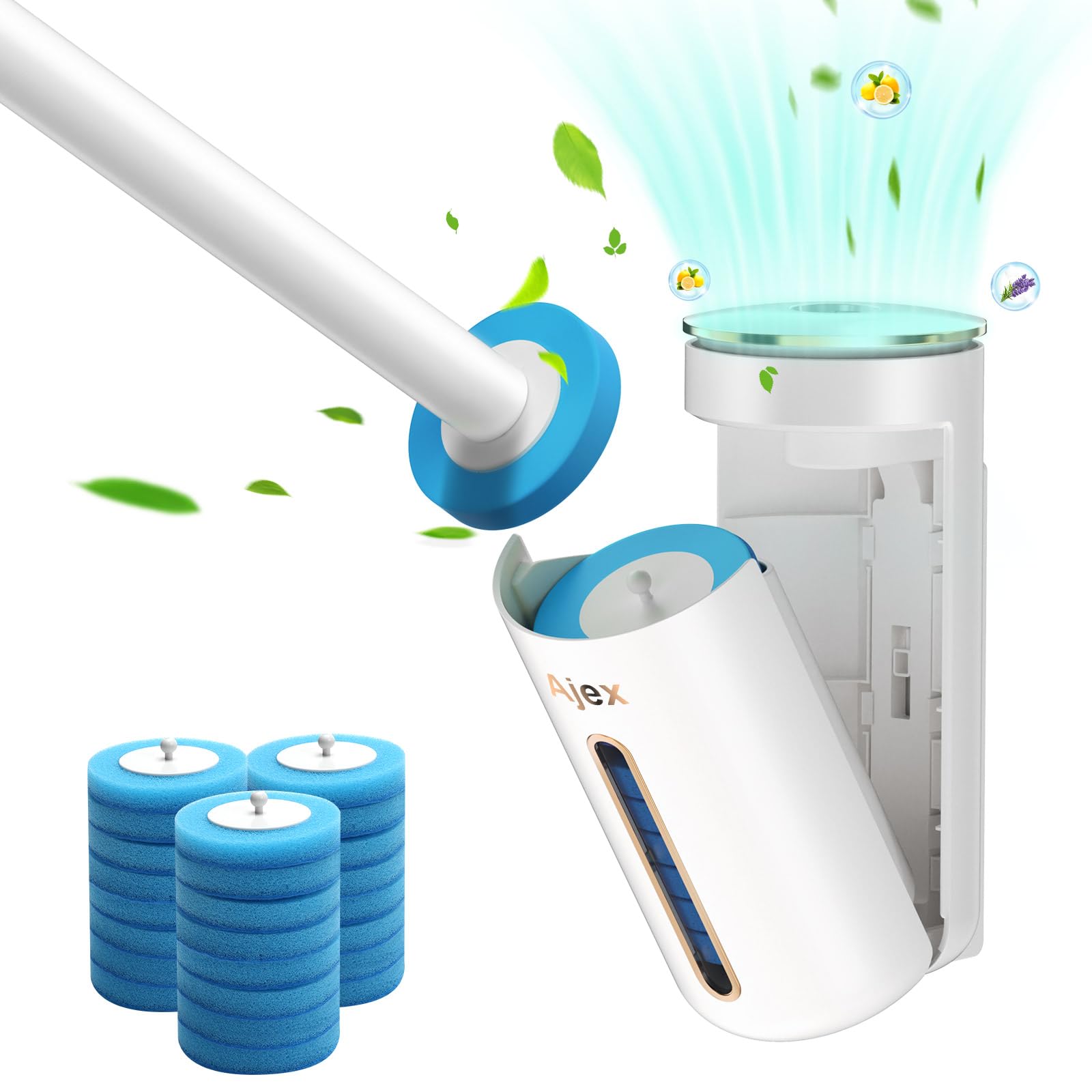 Ajex Disposable Toilet Brush,Toilet Brush System Toilet Wand Kit with 24pcs Replacable Brush Head Disc&Aromatherapy,Scents Wall Toilet Wand Kit with Holder/Storage Caddy for Bathroom Cleaning