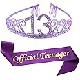13th Birthday Purple Tiara and Sash Glitter Satin Sash and Crystal Rhinestone Tiara Crown for Happy 13th Birthday Party Supplies Favors Decorations 13th Birthday Party Accessories