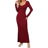 LUOFEN Bodycon Maxi Dress for Women Formal Long Sleeve Square Neck Twist Front Ribbed Fitted Wedding Guest Cocktail Dresses