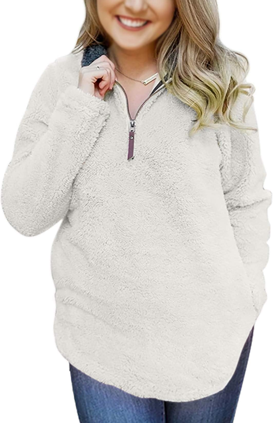 Alelly Women's Zipper Sherpa Pullover Soft Fuzzy Fleece Sweatshirt Jacket Sweater Winter Coat