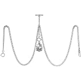 TREEWETO Men's Double Albert Chain Pocket Watch Curb Link Key Chain 3 Hooks with Antique Shield Pendant Design Charm Fob T Bar