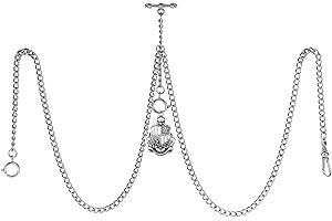 TREEWETO Men's Double Albert Chain Pocket Watch Curb Link Key Chain 3 Hooks with Antique Shield Pendant Design Charm Fob T Bar