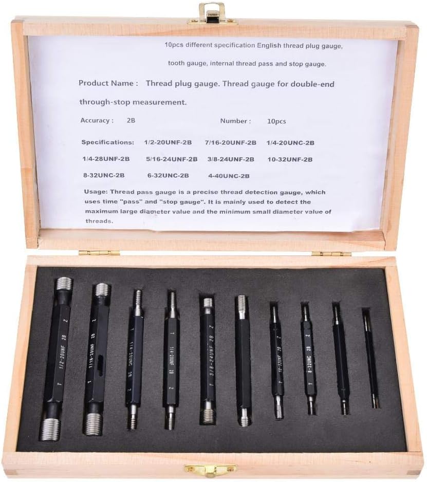 Jarchii Thread Plug Gage Set, 10Pcs High Accuracy Double-End Through-Stop Thread Plug Gage Kit Measurement Hand Tool for Limit Major/Small Diameter Value(#2)