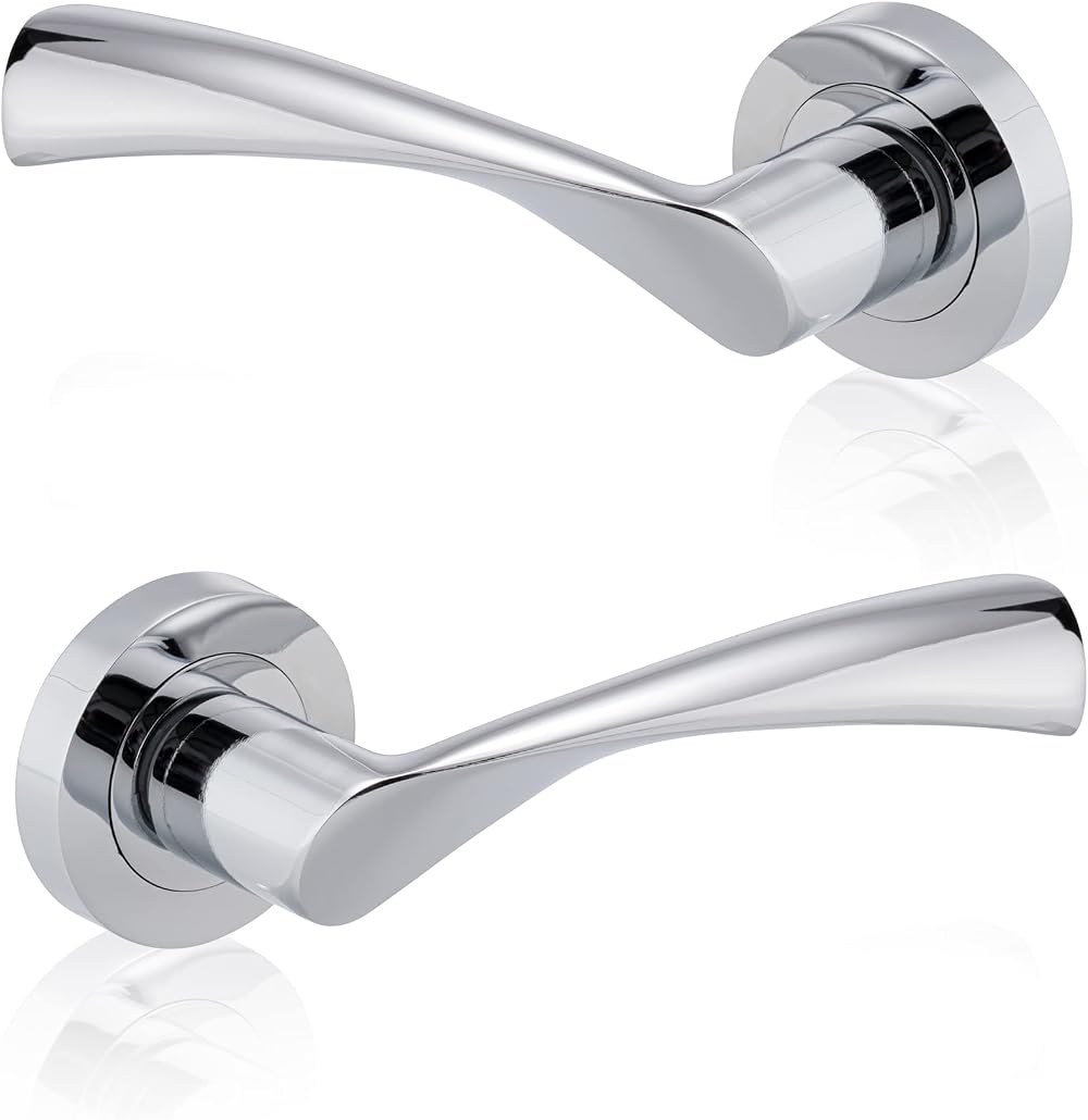 XFORT Polished Chrome Warped Lever On Rose Door Handles Pair