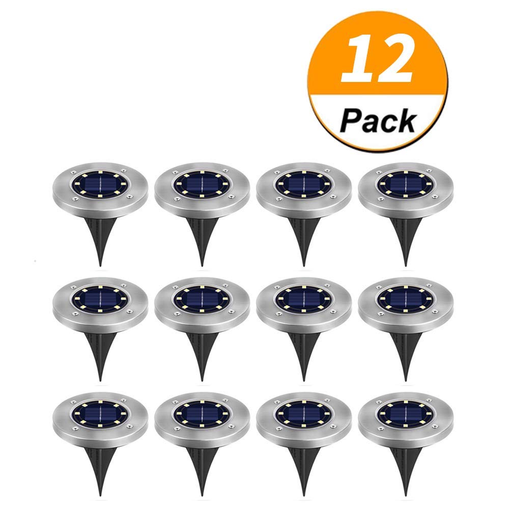 Solar Ground Lights,8 LED Solar Disk Lights Solar Powered In-Ground Lights Outdoor Waterproof for Garden,Patio,Lawn,Pathway,Step Decks- White Lights（12 Pack)
