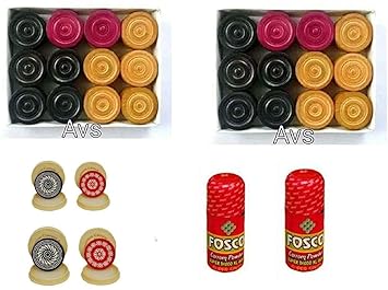 National Enterprise {{{ Big Combo 24pc+ 24pc Wooden Carrom Coins , 4pc Multi Colours Tournament Carrom Striker with Box and 2 pc (20gr) fosco Carrom Powder - Combo Pack.}}}