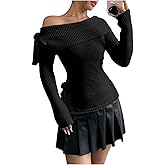 WDIRARA Women's Off The Shoulder Sweater Split Tie Side Long Sleeve Sweater Top