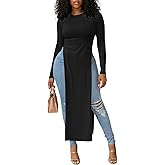 OPOIPIN Women's Crew Neck Split Slit Hem Long Sleeve Slim Fit Tee Top Long Shirt Tunic