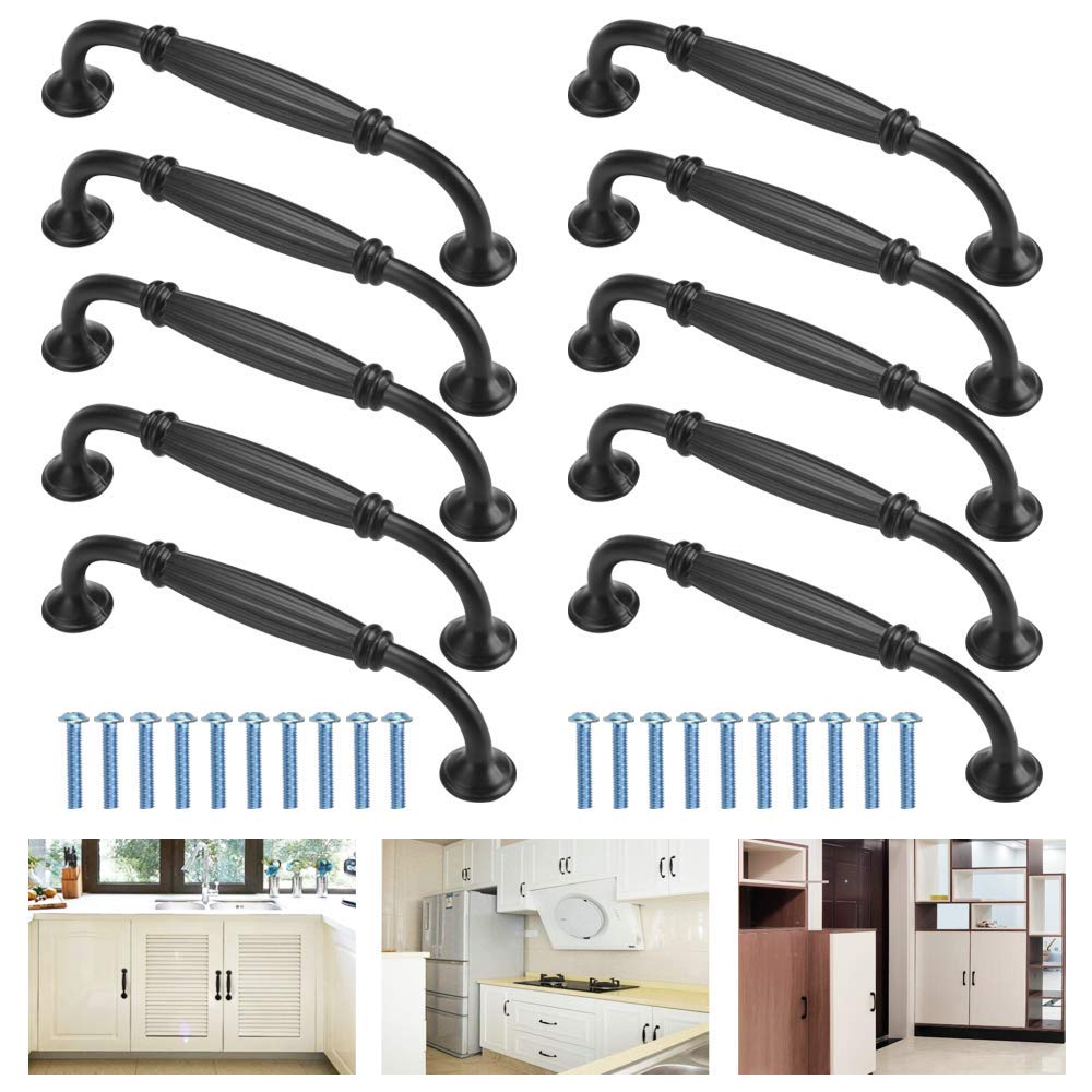EMAGEREN 10 Pcs Cabinet Handles 128mm Black Kitchen Cupboard Handles Door Bow Pull Handles Furniture Drawer Pulls Cupboard Knobs with Fixing Screw for Kitchen Cabinet, Dressers, Cupboard, Door