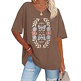 ADOREJOY Oversized Tshirts for Women V Neck Summer Graphic Tees Casual Short Sleeve Loose Tops