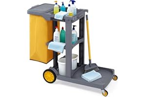 BBTEQEKN Janitorial Cart on Wheels, 3-Shelf Commercial Cleaning Carts with Rubbish Bag and Lid, Can Hold up to 220LBS, Suitab