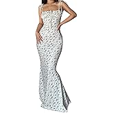 Women Backless Maxi Dress Sexy Sleeveless Spaghetti Strap Floral Bodycon Maxi Dress Cocktail Party Long Dress