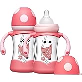 YOHKOH Natural Glass Baby Bottle with Natural Response Nipple, Wide Neck Baby Bottles with Handle, Newborn Anti-Colic Baby Bottles Gift Set, Clear (5.4oz (Pack of 2), Red)