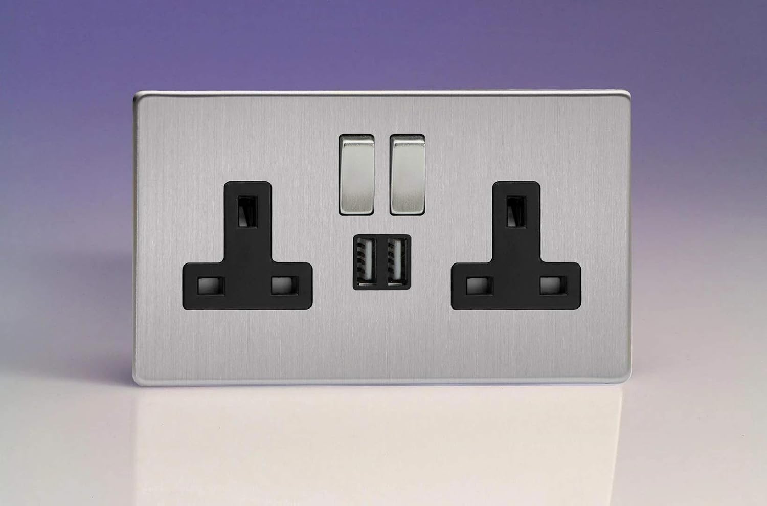 Varilight Double Switched Socket With USB Charging - Screwless Brushed Steel With Brushed Steel/Black Insert