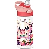 DIGTIA Axolotl Eat Fruits Cartoon Insulated Water Bottle with Straw Handle for Kids 12 OZ Cute Kawaii Stainless Steel Vacuum Insulated Cup for Hot and Cold Drinks Travel Tumbler for Toddler Girls