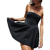 Loafawes Summer Solid Strapless Mini Dress for Women Tube Top Dresses Patchwork Pleated Drop Waist Flared Beach Dress