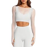 LASLULU Mesh Long Sleeve Crop Tops for Women Double Lined Workout Athletic Gym Shirts Cropped Tops with Built in Bra
