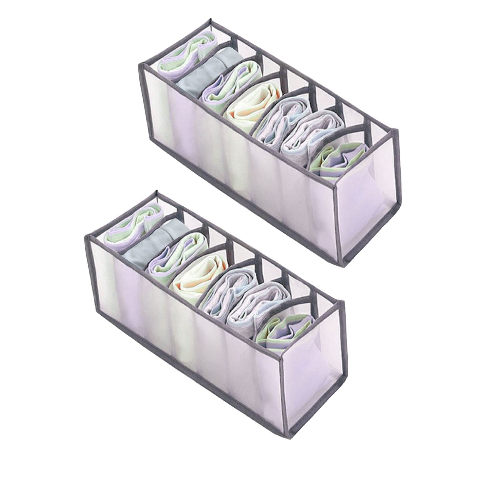 MELTU 2 Pcs Wardrobe Storage Organiser, Underwear Storage Organiser, Compartment Storage Boxes, Foldable Organiser Drawer for Sock, Bra, Belts (Grey-7 Cells-2Pcs)