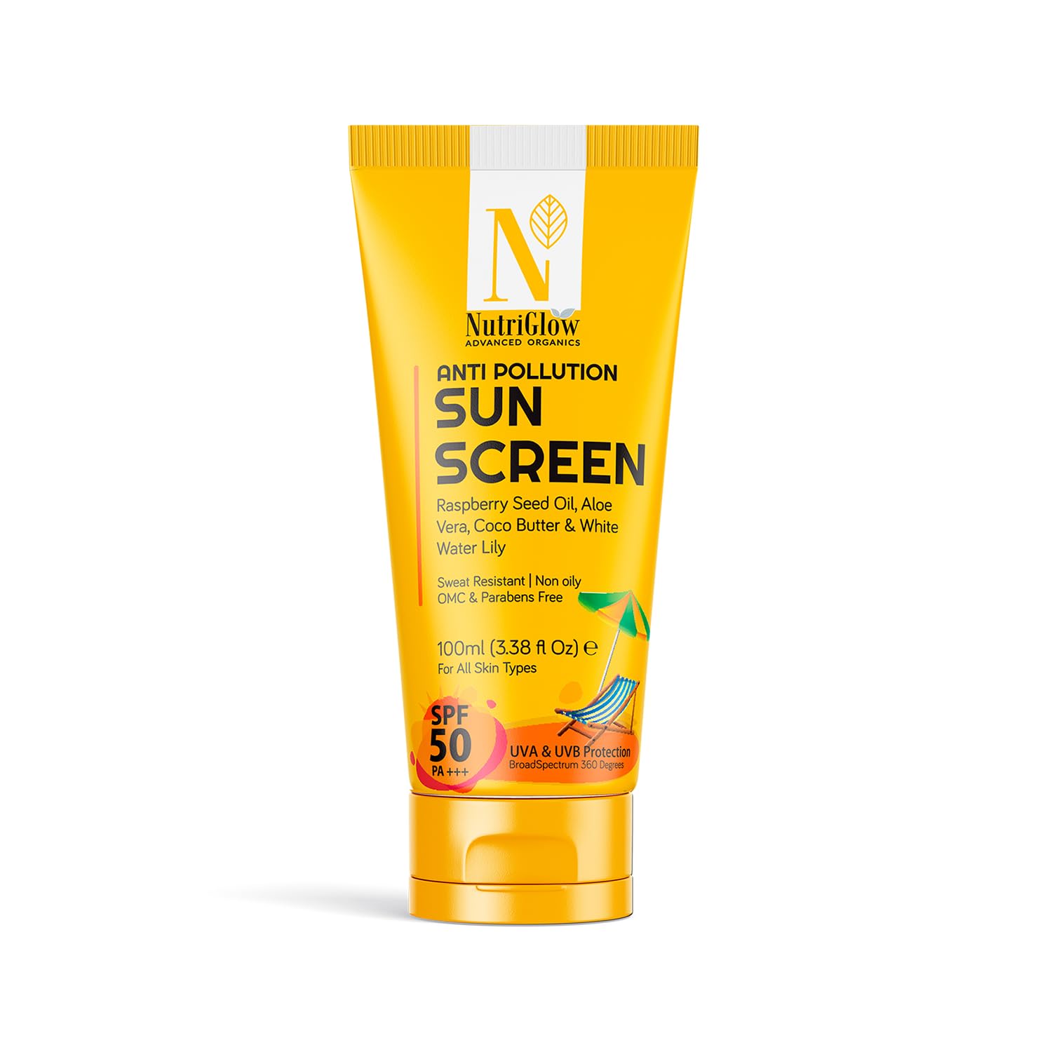NutriGlow Advanced Organics Anti Pollution Sun Screen SPF 50 With Raspberry Seed Oil, Aloevera For Non Greasy Daily Moisturizer With Broad Spectrum, Dry & Damage Skin, Tan Free Skin, 3.38 Oz