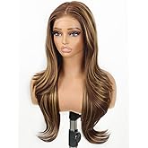 cuiud Honey Brown Lace Front Highlight Wig 13x4 HD Glueless Highlight Synthetic Lace Wigs for Beginners Brown Layered Wave Wig for Women 26inch