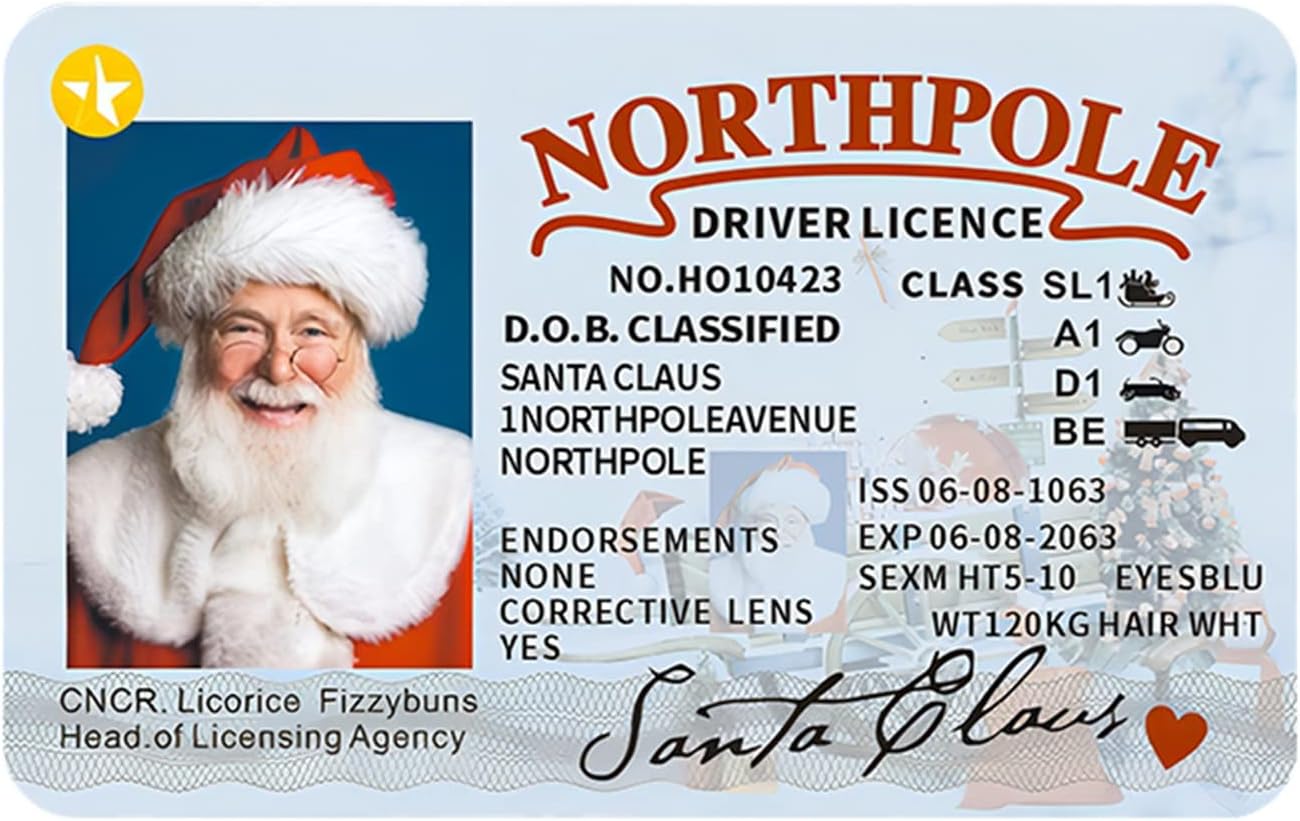 Tree Stands - Santa Claus ID Card for Proving The Existence of Santa Claus,Real Santa's Sleigh Driver's License Kids Xsmas Surprise Gift,Christmas Card Eve Box Fillers Xmas Tree Ornament (White, 8.55cm*5.4cm)