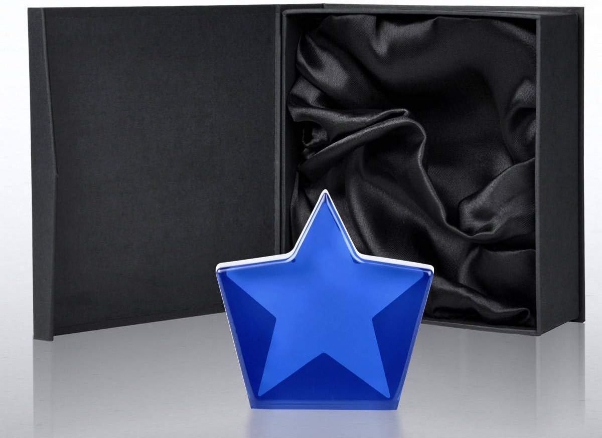 Engraved Trophy - Blue Acrylic- Star Shape Award for Employees - Personalized Engraving Up To Three Lines and Pre-Written Verse Selection - Comes In Gift Box: Office Products