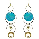 Boho Long Dangle Earrings with Blue Dyed Mother of Pearl Discs and Celestial Stars & Moon Design