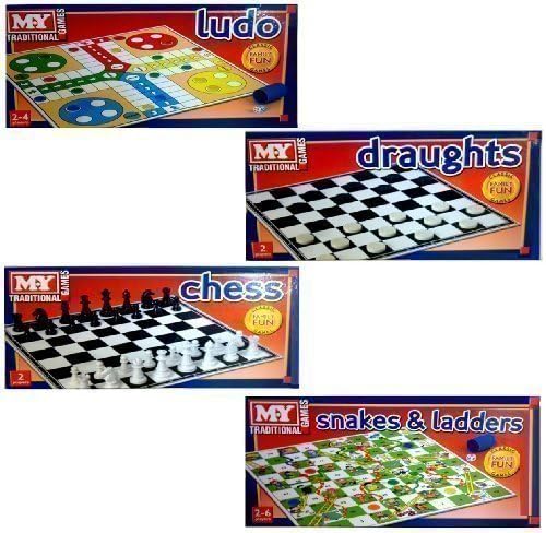 KandyToys M.Y Set of 4 Traditional Board Games | includes Chess; Ludo; Snakes & Ladders and Draughts