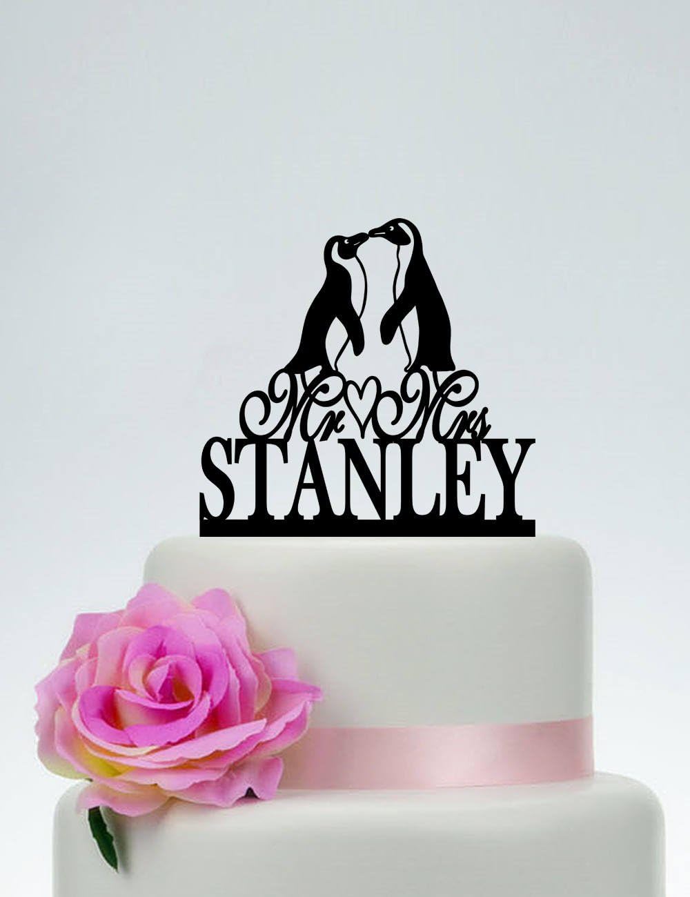 Penguin Mr And Mrs With Last Name Custom Personalized Animal Penguin Silhouette Funny Wedding Cake Topper Bride And Groom Present For Wedding Decortions Rustic Bridal Shower Gifts