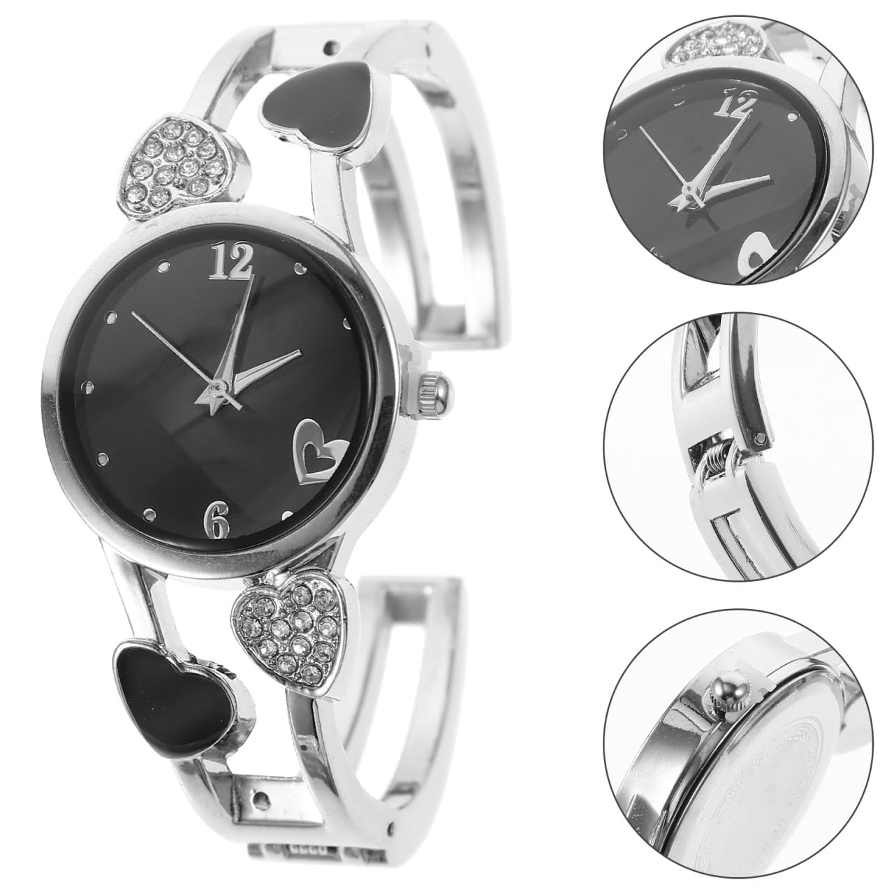 Hemobllo Ladies Silver Bangle Watch-Rhinestone Heart-Shaped Bracelet Watches for Women, Fashionable Silver Cuff Quartz Wrist Watches, Elegant Ladies Bracelet Watch for Women & Girls