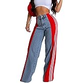Angsuttc Womens Jeans with Patchwork Stripes High Waisted Stretchy Denim Color Block Straight Wide Leg Trendy Jean