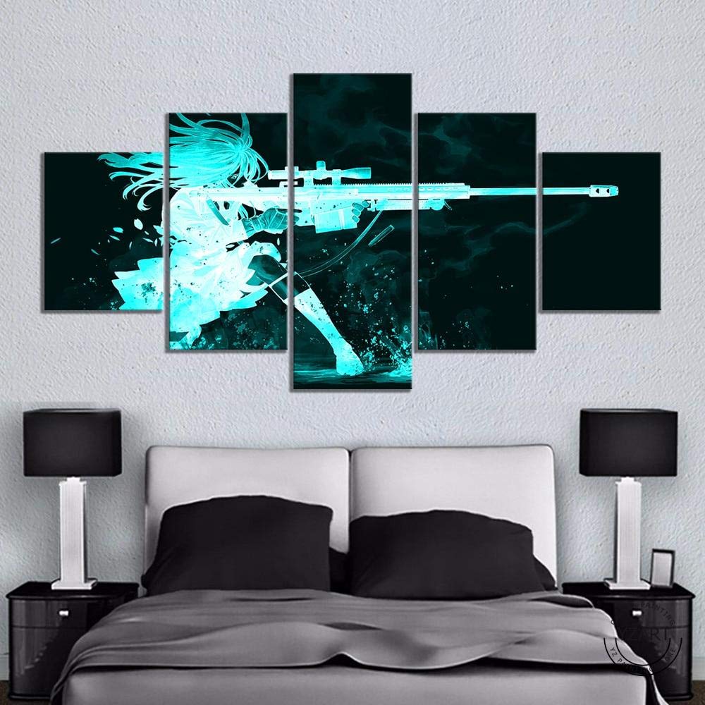 ADKMC 5 Piece Canvas Wall Art for Living Room Anime Girls&Barrett M82 Pictures Poster Modern Home De
