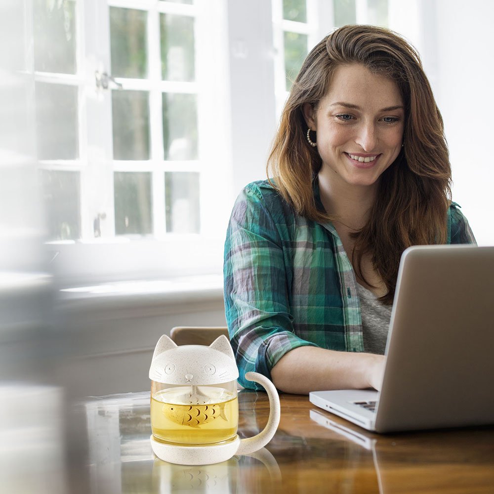 Tea Cup KIDAC Novelty Glass Teacup with Cute Cat lid and Fish Tea Infuser 8.5 OZ./250 ml