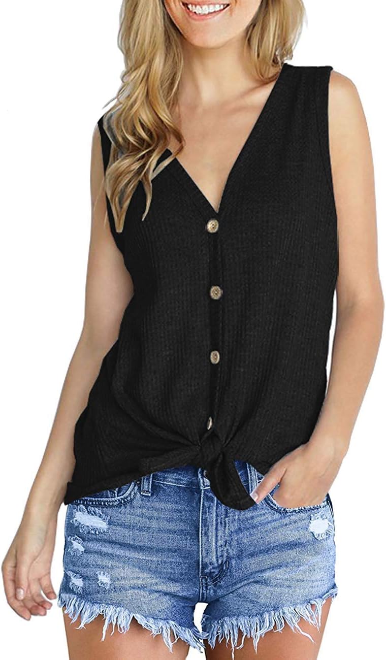 Womens Summer Sleeveless Waffle Knit Tunic Blouse Tie Knot Henley Tops Loose Fitting Plain Shirts