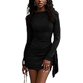 Voghtic Long Sleeve Crew Neck Bodycon Mini Dress: Ruched Side Ruffle Date Night Party Dress