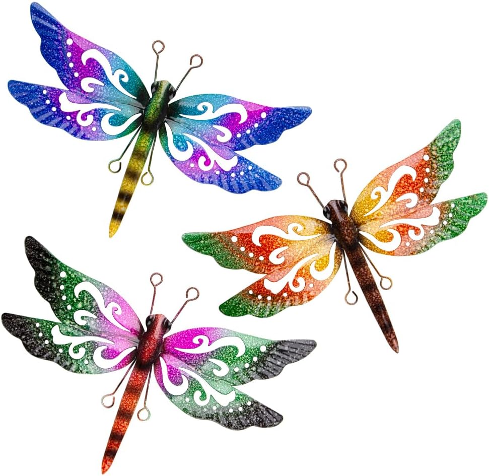 Plaques & Wall Art - dreamskip Metal Dragonfly Wall Decor, 3 Pack Colorful Dragonfly Outdoor Decor, Metal Outdoor Wall Art for Garden, Patio, Yard, Fence, Outside