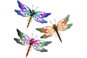 dreamskip Metal Dragonfly Wall Decor, 3 Pack Colorful Dragonfly Outdoor Decor, Metal Outdoor Wall Art for Garden, Patio, Yard, Fence, Outside