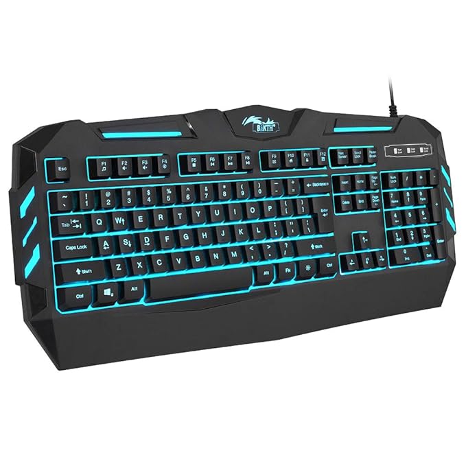BAKTH Gaming Tastatur, 7 Farben LED Hintergrundbeleuchtung QWERTY US Layout, Beleuchtete USB Wasserdicht Verdrahtet Tastatur 