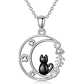 VONALA Cat Necklace 925 Sterling Silver Cute Cat Moon Pendant Necklaces Animal Jewelry Birthday Gifts for Women Cat Lovers