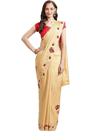 Shaily Womens Silk Blend Velvet & Swarovski Work Saree[Cream]