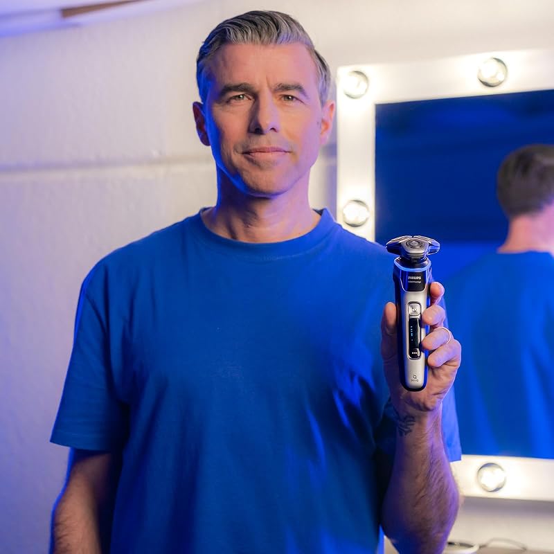 Shaver i9000 Prestige, rasoio elettrico Wet & Dry, con tecnologia Skin IQ, triplo sistema di sollevamento e taglio, doppie lame rotanti in acciaio di precisione a 360°, modello XP9205/30