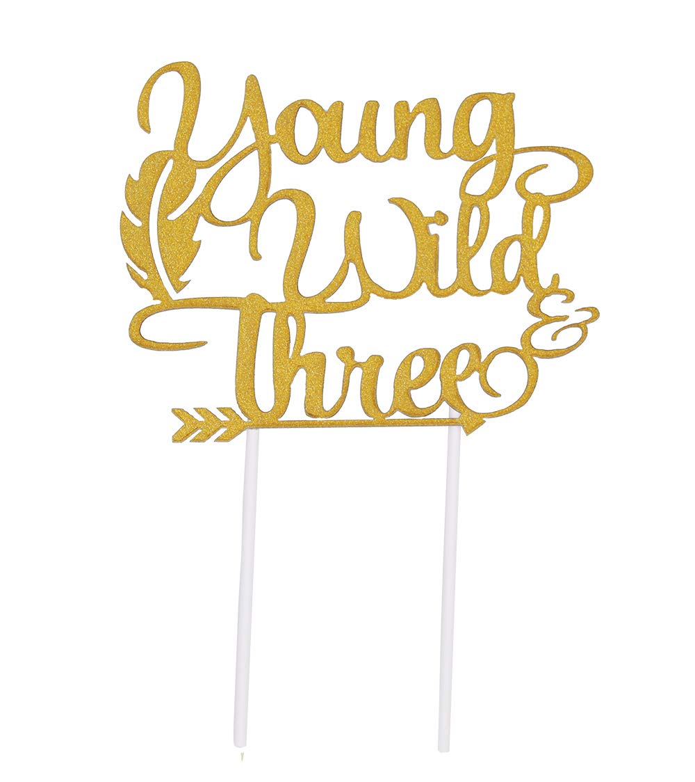 Topfunyy Double Sided Gold Glitter Young Wild & Three Cake Topper for Wild Three Boho Tribal Themed 3rd Birthday Party Supplies