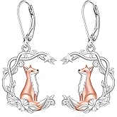 Fox Earrings for Women Dangle S925 Sterling Silver Rose Gold Plated Fox Earrings Moon Star Cute Animal Valentine's day Gifts